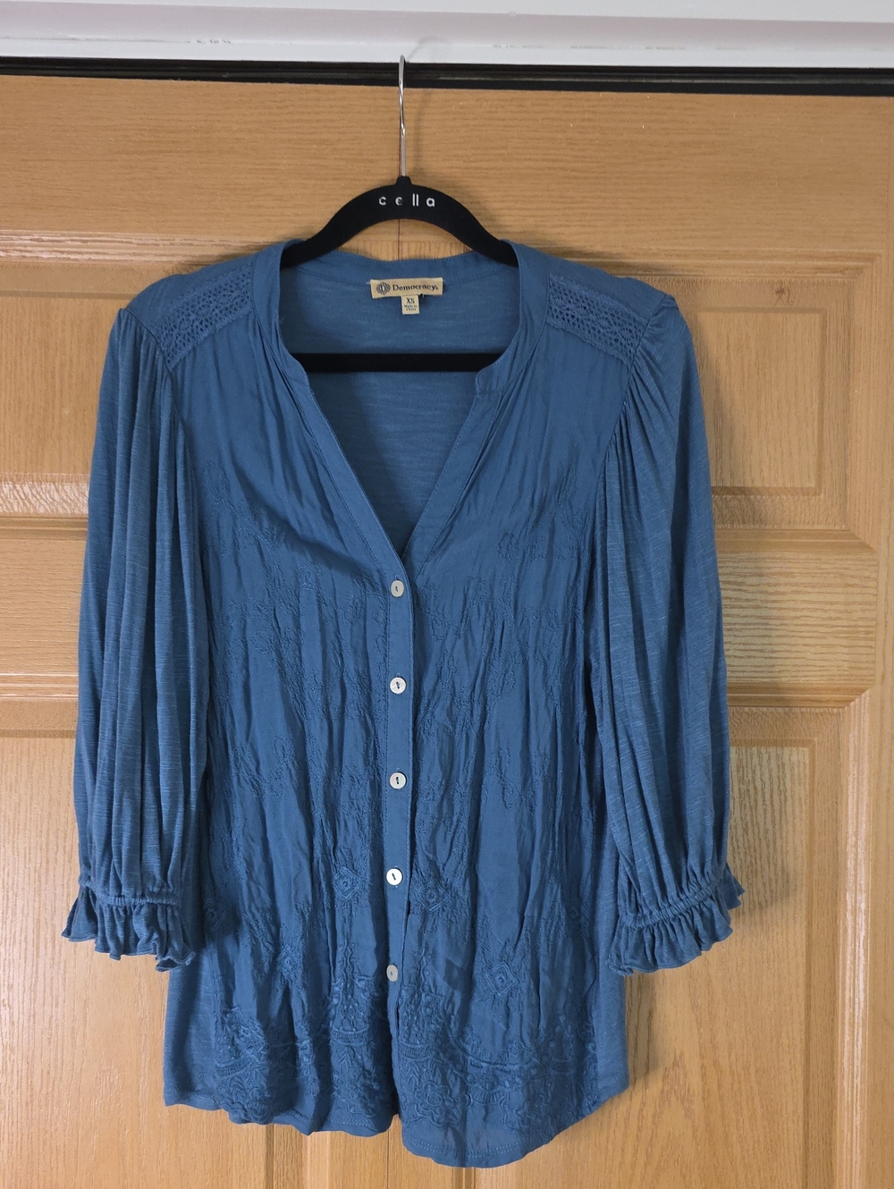 Democracy Blue Button-Front Lightweight Peasant Top XS Boho
